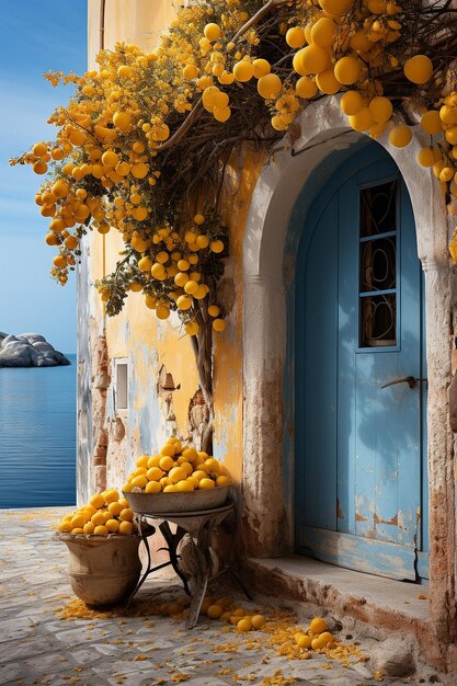 Photo belle porte en grèce avec des jaunes en sourdine