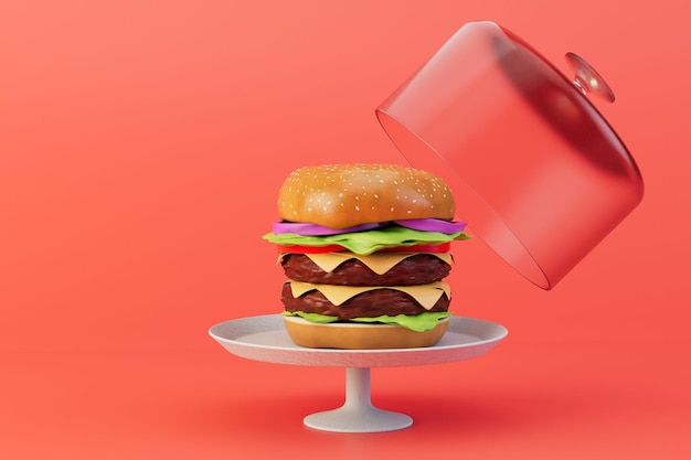 Photo belle portion du plat burger sur un beau support avec un rendu 3d de couvercle