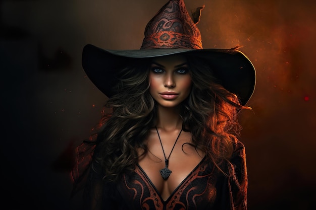 Belle portrait de sorcière Vue rapprochée Bonne Halloween Jeune femme mystique Triche ou gâteries IA générative