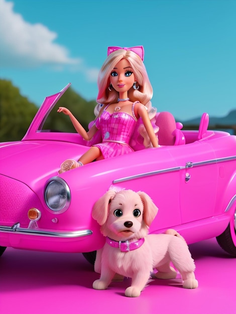 belle poupée barbie sur voiture rose