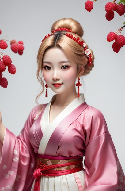 Une belle poupée de geisha en kimono avec des framboises