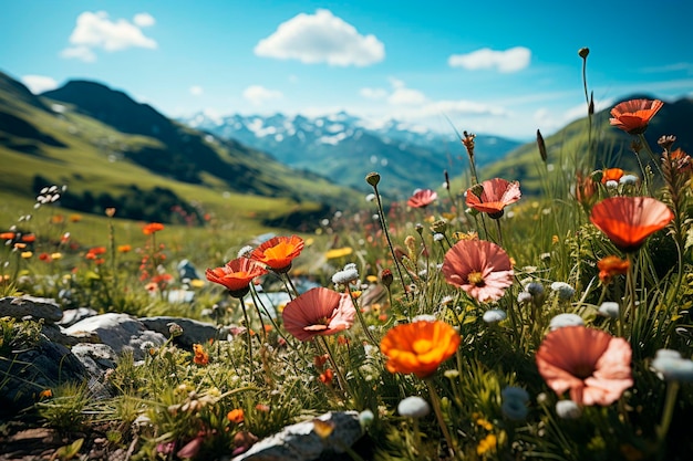 Belle prairie alpine avec coquelicots et montagnes en arrière-plan ai générative