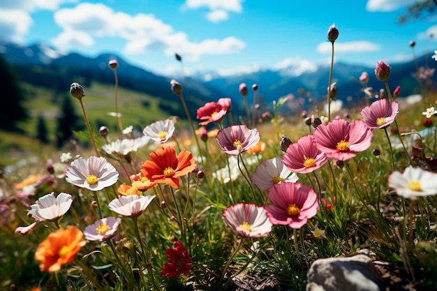 Belle prairie alpine avec coquelicots et montagnes en arrière-plan ai générative