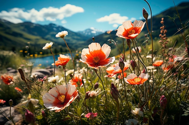 Belle prairie alpine avec coquelicots et montagnes en arrière-plan ai générative