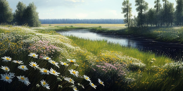 Belle prairie de champ de fleurs au printemps et ciel bleu par une journée ensoleillée AI générative