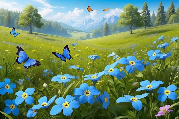 Photo belle prairie d'été ou de printemps avec des fleurs bleues d'oubli et deux papillons volants paysage naturel sauvage