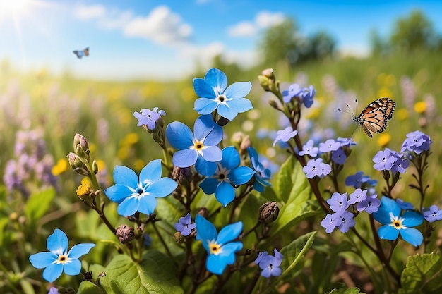 Belle prairie d'été ou de printemps avec des fleurs bleues d'oubli et deux papillons volants