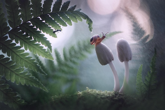 Belle prairie magique avec des escargots de mousse de fougère de champignons et fond de nature de forêt de fourmis