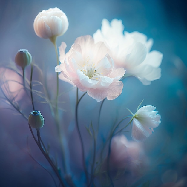 Belle prairie magique de fleurs blanches brillantes dans la lumière bleue et le brouillard