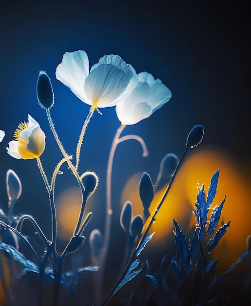 Belle prairie magique de fleurs blanches brillantes dans la lumière bleue et le brouillard