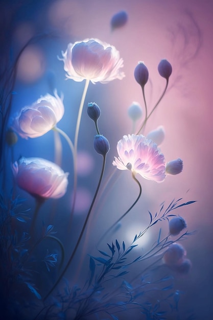 Belle prairie magique de fleurs blanches brillantes dans la lumière bleue et le brouillard