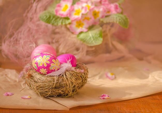 Belle primevère avec des oeufs colorés dans le nid sur fond de bois Composition avec des oeufs de Pâques et des fleurs épanouies