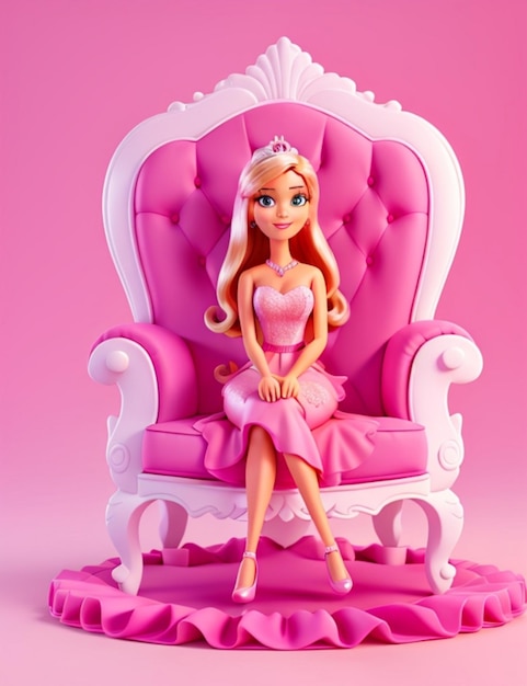Belle princesse assise sur une chaise isolée sur fond rose