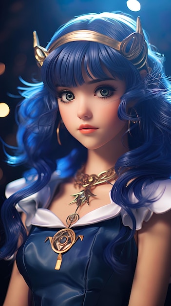 Une belle princesse de fantaisie avec des cheveux bleus et une couronne