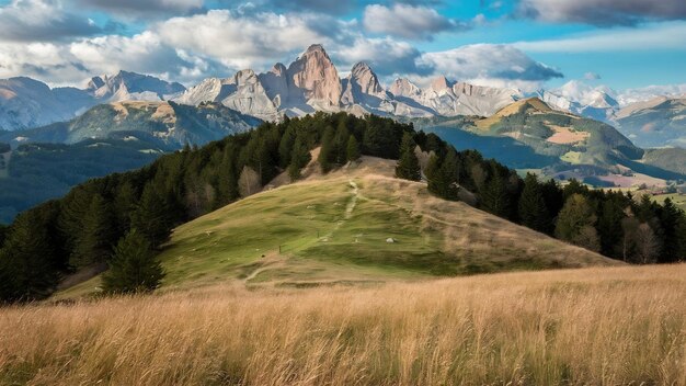Belle prise de vue des collines herbeuses couvertes d'arbres près des montagnes des Dolomites en Italie
