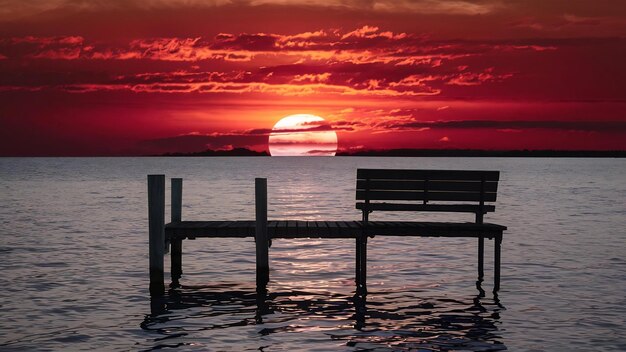 Belle prise de vue des couleurs du coucher de soleil à l'horizon d'un lac tranquille avec un quai