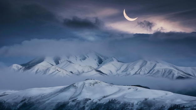 Belle prise de vue des hautes collines blanches et des montagnes couvertes de brouillard