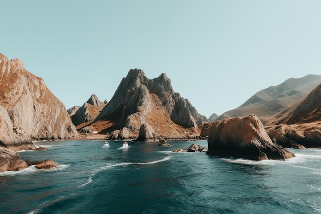 Belle prise de vue de la mer avec une montagne au loin et un ciel dégagé