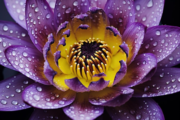 Belle prise de vue rapprochée du carpel jaune et de la goutte d'eau sur la fleur de lotus pourpre