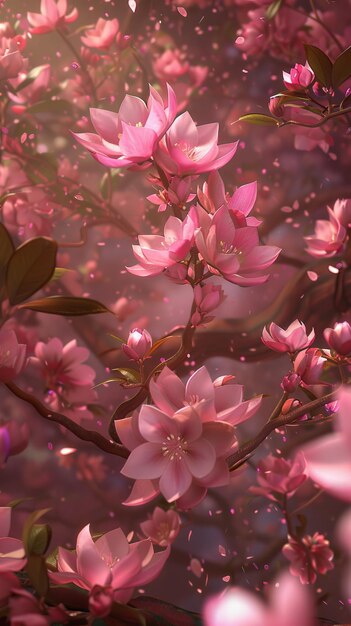 Une belle prise de vue rapprochée des fleurs de cerises roses en pleine floraison avec la lumière du soleil doux et chaud éclairant