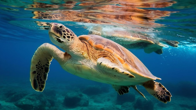 Une belle prise de vue rapprochée d'une grande tortue nageant sous l'eau dans l'océan