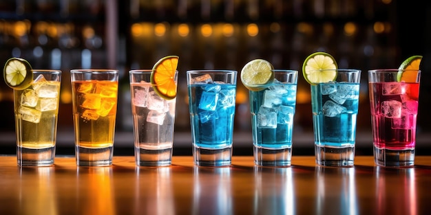 Une belle rangée de cocktails d'alcool colorés à la fête