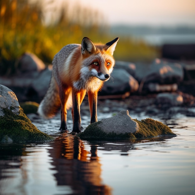 Belle renard debout sur quelques pierres au-dessus de la surface de l'eau