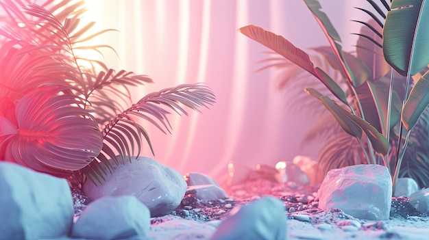 Une belle représentation en 3D d'un paradis tropical. La scène est baignée d'une chaude lumière rose et présente des palmiers luxuriants et d'autres plantes tropicales.