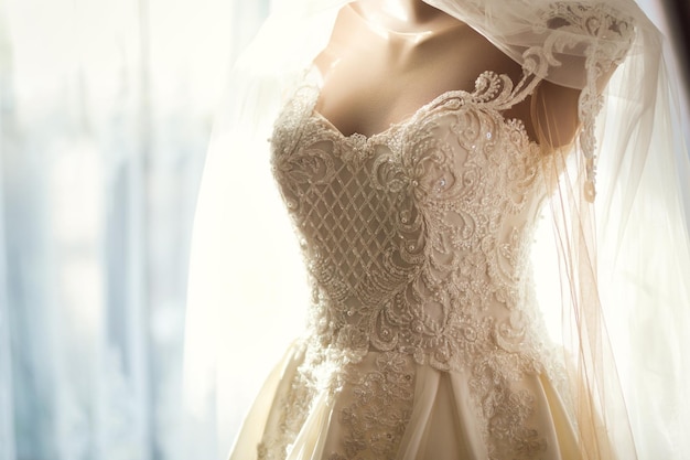 Belle robe de mariée accrochée dans la chambre femme se prépare avant la cérémonie