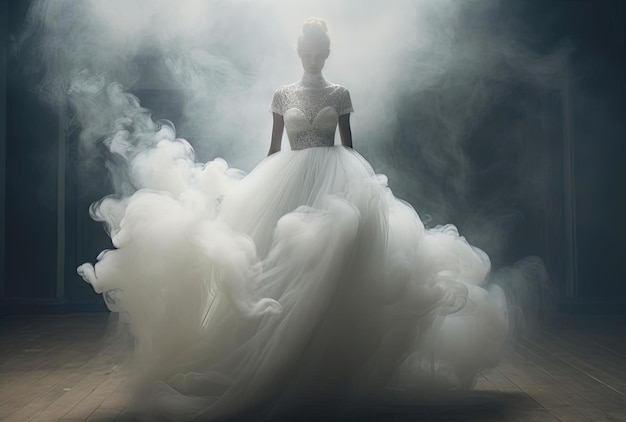 belle robe de mariée blanche avec de la fumée tombant dans le style du surréalisme réaliste