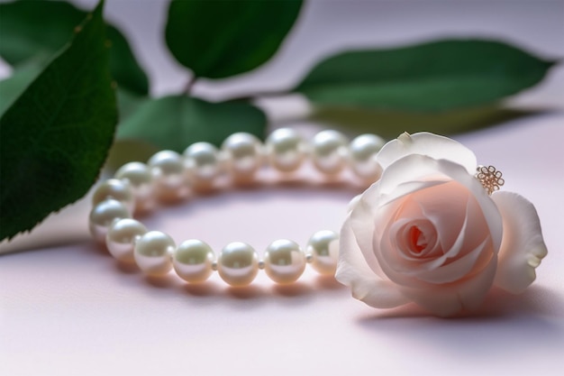 Belle rose blanche avec feuille verte sur fond nacré