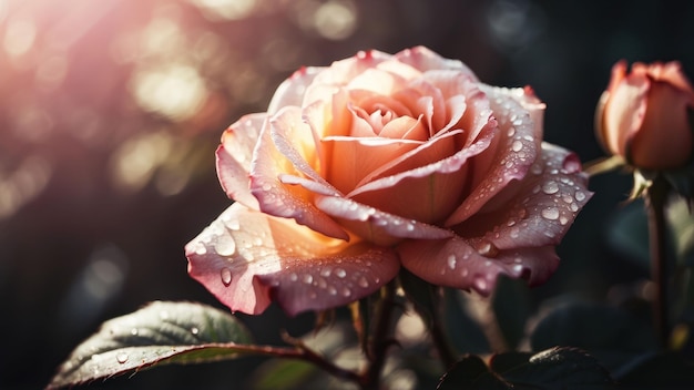 Une belle rose avec des gouttes de rosée au soleil