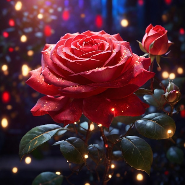 Une belle rose de jasmin rouge magique avec des lumières magiques en arrière-plan