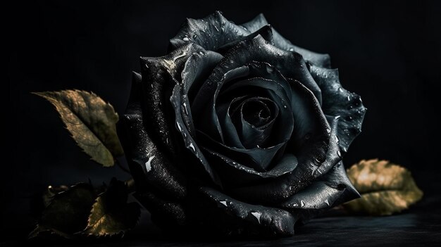 Belle rose noire avec des gouttes de rosée sur un fond sombre ai générative