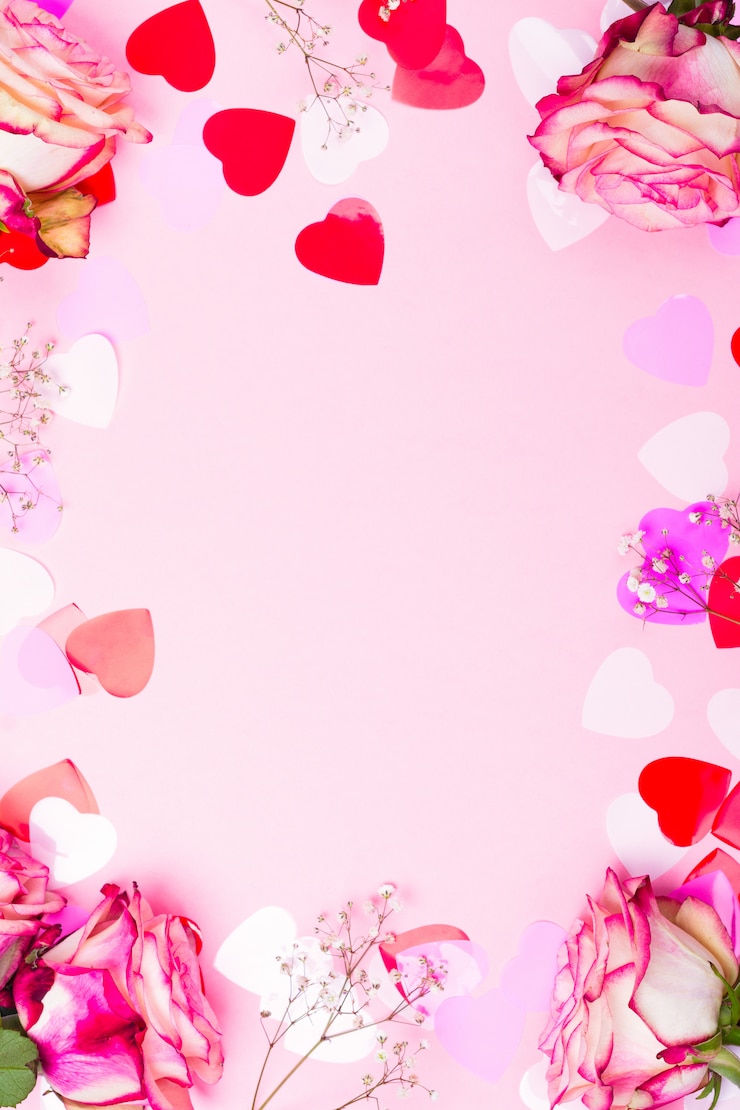 Photo belle rose rose, coeurs de confettis décoratifs et ruban rose sur rose