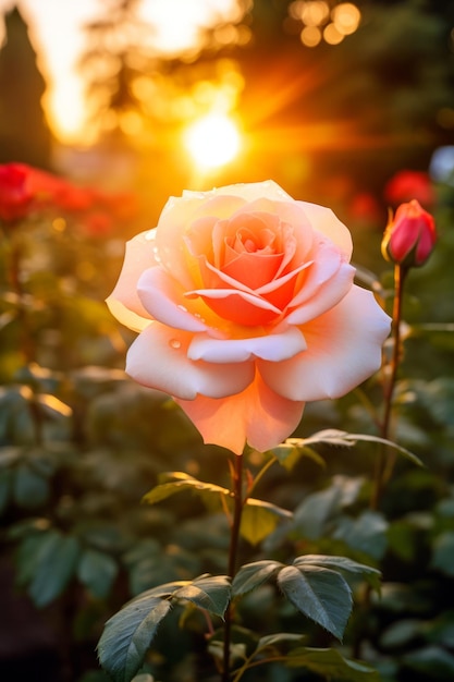 Une belle rose rose dans un jardin serein au coucher du soleil