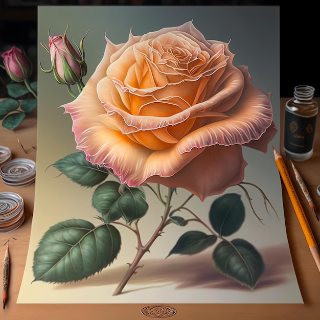 Belle rose rose avec peinture de feuilles vertes