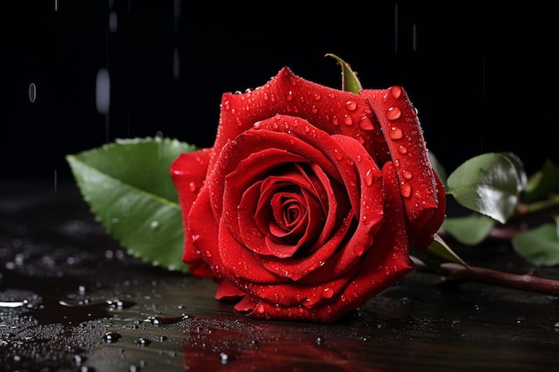 Une belle rose rouge comme symbole d'amour sur un fond noir