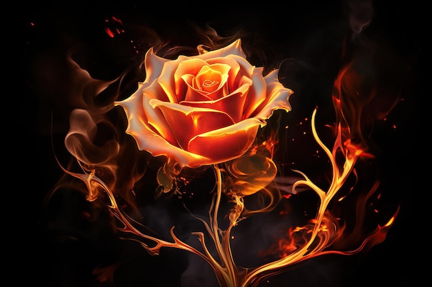 Photo belle rose rouge en feu sur fond noir rendu 3d ia générative