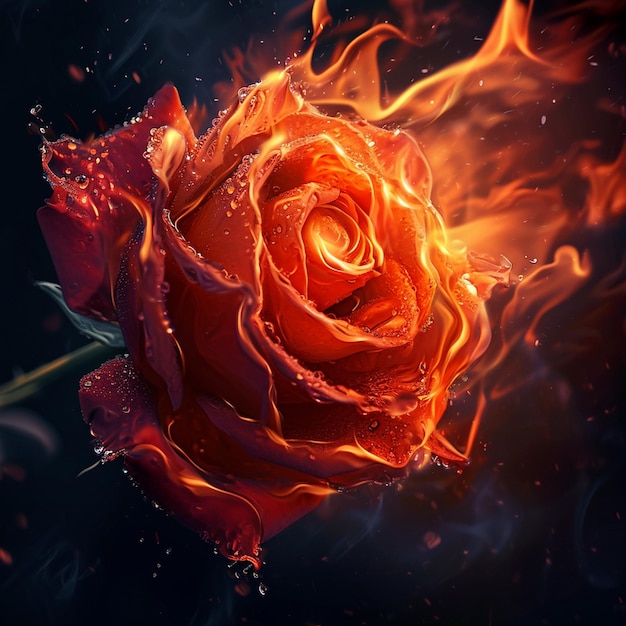 Photo belle rose rouge en feu thème sombre ultra réaliste détaillé.