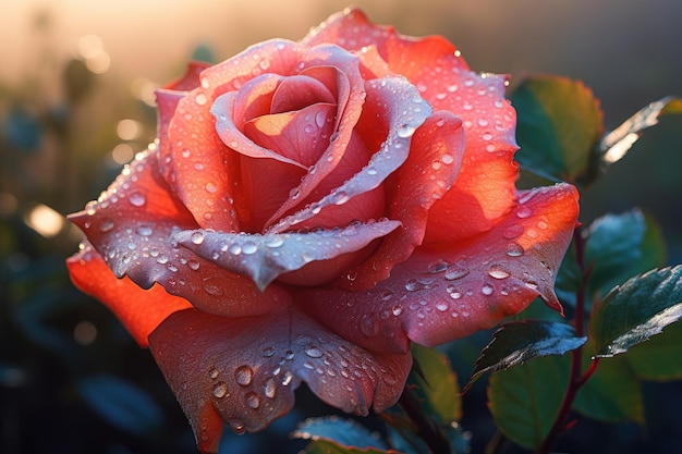 Belle rose rouge avec des gouttes de rosée sur les pétales Gros plan d'une rose Dewkissed qui fleurit à l'aube AI générée