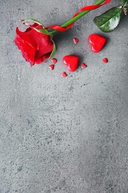 Belle rose rouge avec de petits coeurs sur fond texturé gris