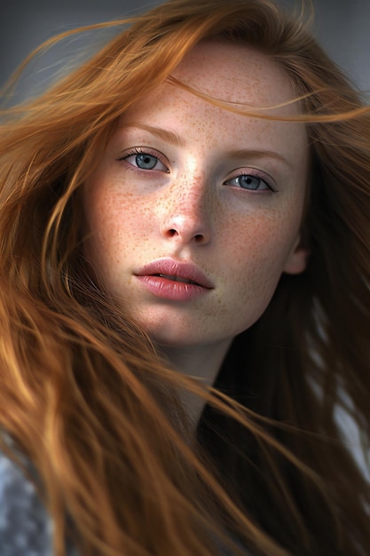 Belle rousse avec des taches de rousseur sur son visage tourné en studio