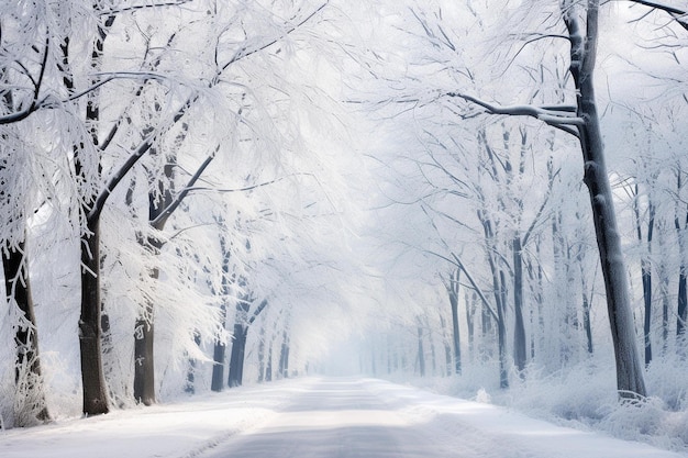 Une belle route en hiver avec des arbres des deux côtés qui sont secs et couverts de neige légère