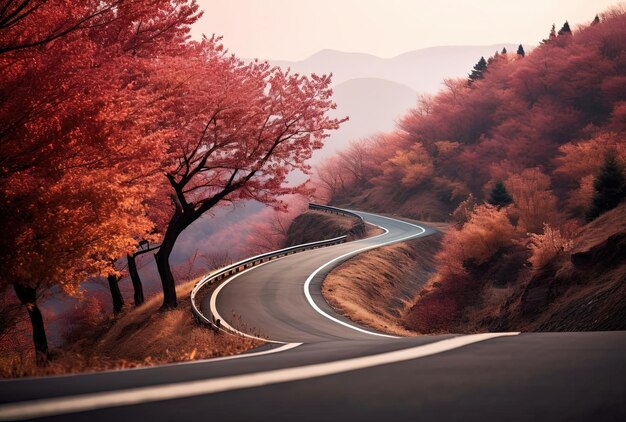 une belle route de montagne avec du feuillage d'automne dans le style orange foncé et rose