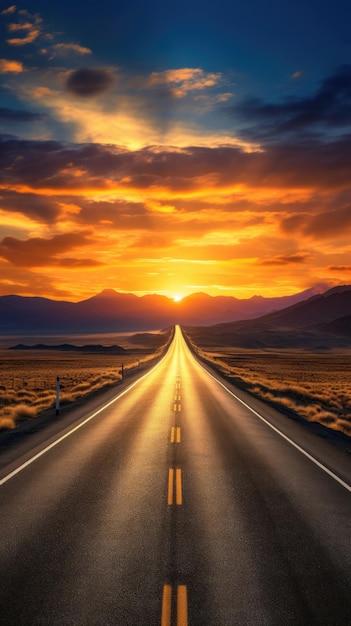 une belle route ouverte menant à un point de fuite avec une fin lumineuse au lever du soleil