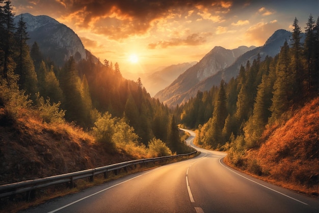 Photo une belle route pittoresque parmi les montagnes et les forêts sur le fond du coucher de soleil