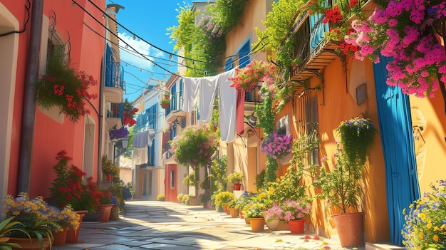Photo une belle rue étroite dans une petite ville avec des maisons colorées et des fleurs