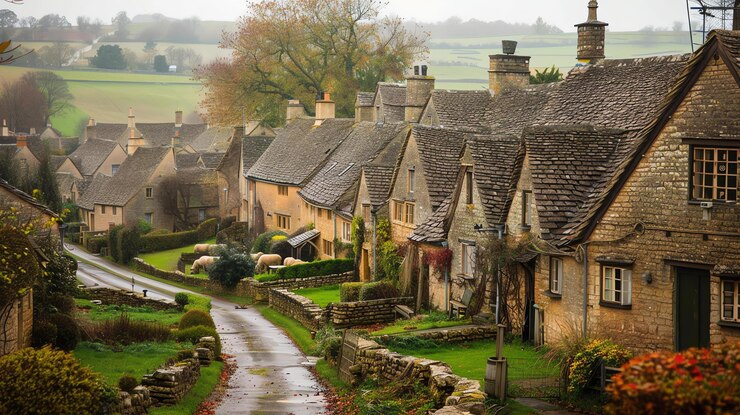 Photo une belle rue de village avec des chalets de pierre traditionnels et une vue sur la campagne au loin