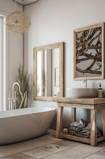 Belle salle de bain style scandinave avec plantes au sol et décorations Generative Ai